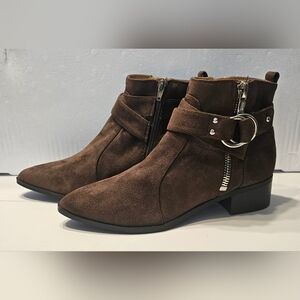 NINE WEST • Brown Dahila Faux Suede Buckle Pointed Toe Ankle Boots Sz 8
